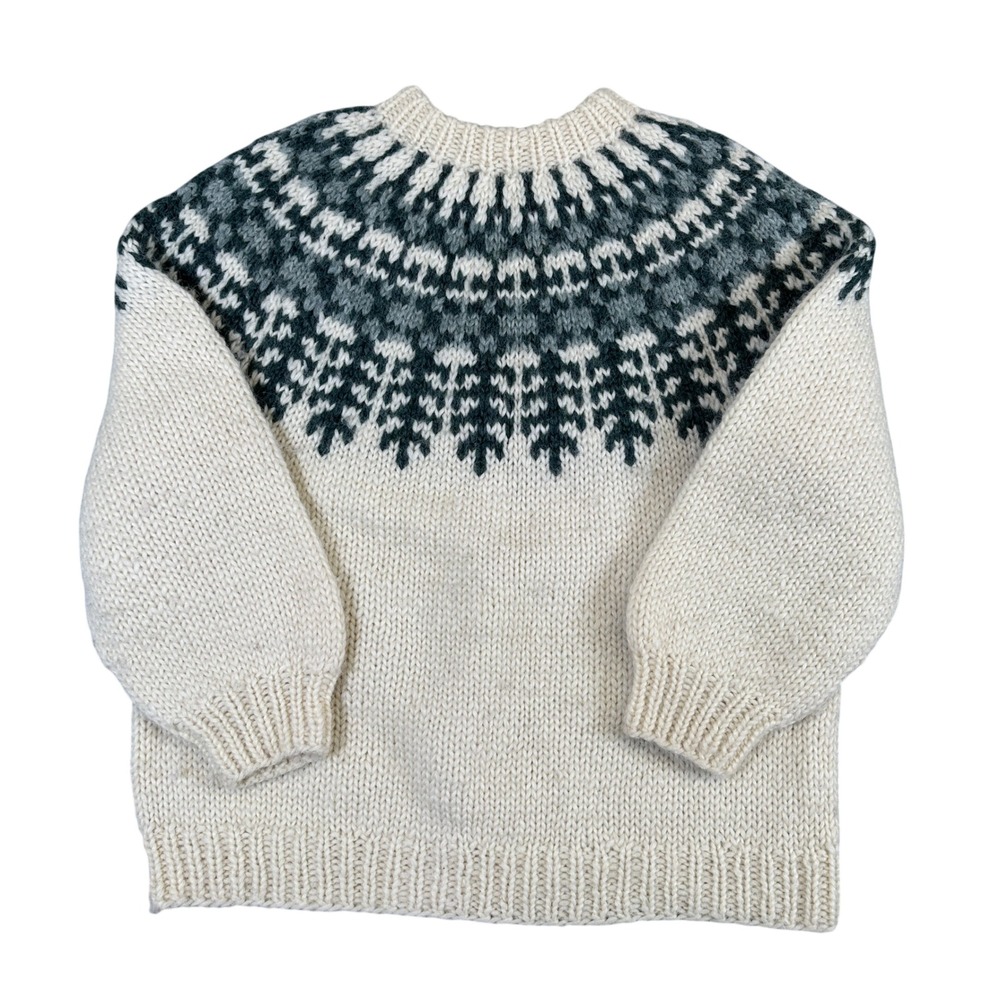 Handmade Wool Fair Isle Yoke Sweater Cream Green Heavy Chunky Knit Pullover